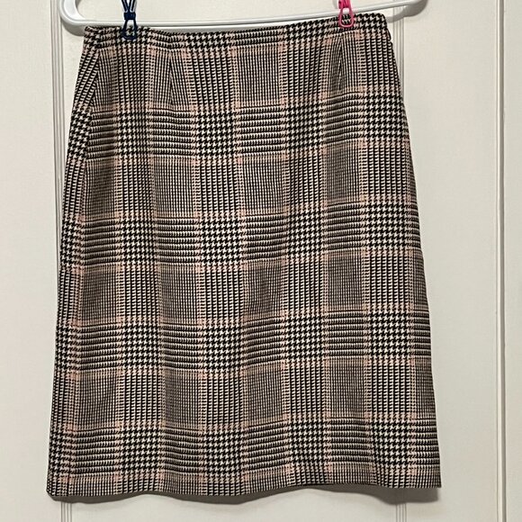 Ann Taylor 100% wool skirt plaid gingham brown pink preppy academia 4 petite - Picture 1 of 6
